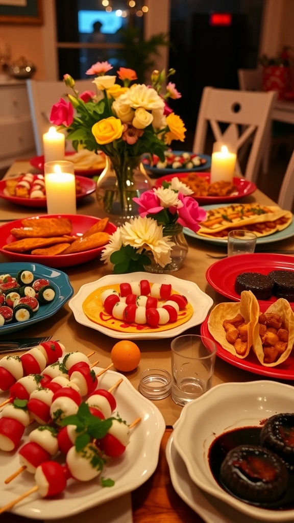 Colorful dinner party setup with Caprese skewers, tacos, and dessert on a beautifully arranged table.